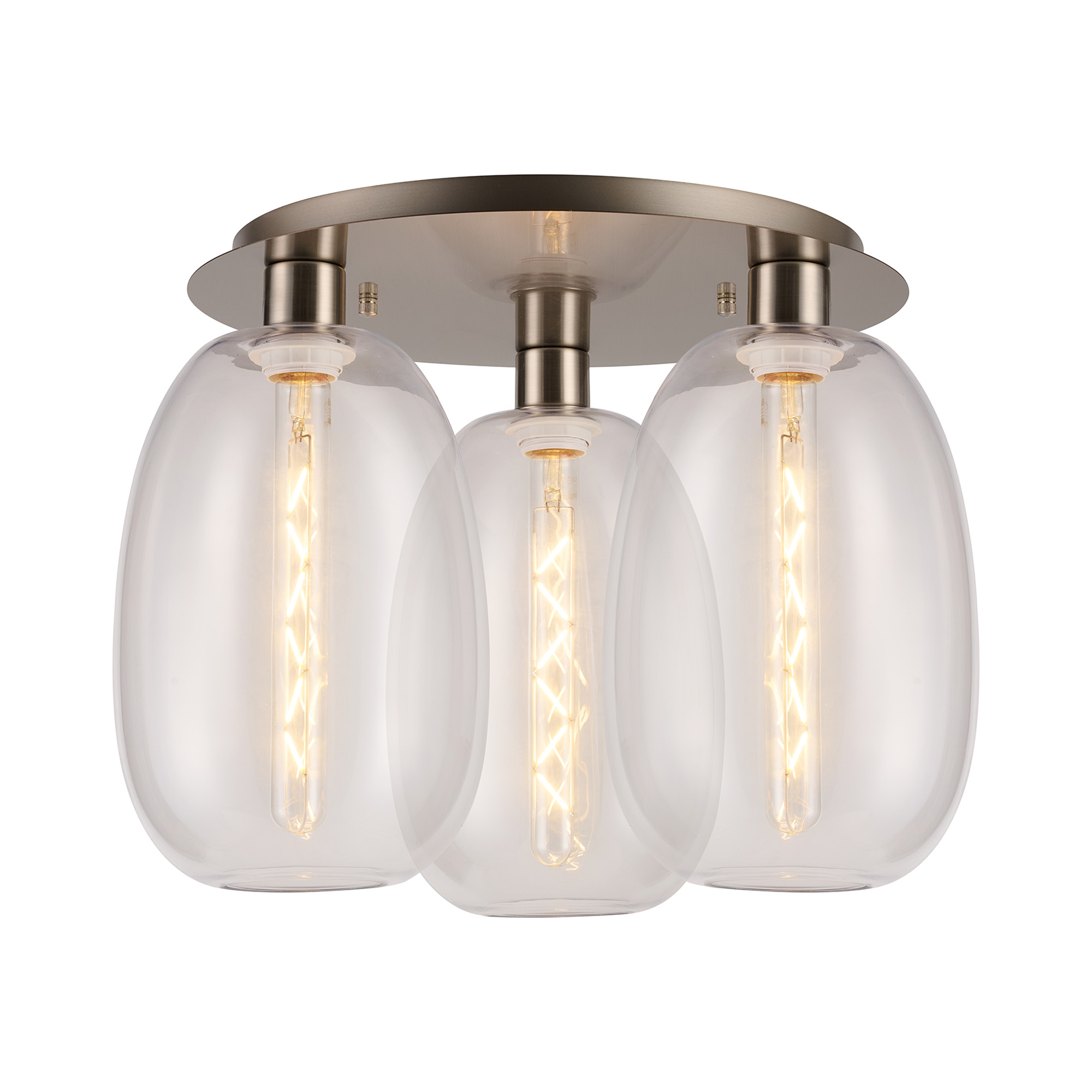 DK1424  Lori 40cm Round Ceiling Flush, 3 Light Flush Fitting, Satin Nickel/Clear Slim Curved Trapezium Shades